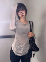 Middle Drape Loose Hooded Long Sleeve T-Shirt 3color