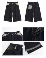 Checked pocket dark blue wide cropped denim