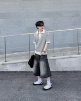 Windy Buckle Stripe Collar Short Sleeve Knit
