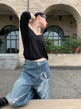 diamond bow wide denim pants