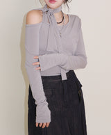 (Napping T-shirt) Euren One Shoulder Ribbon Tie Long-Sleeved Warmer T-Shirt