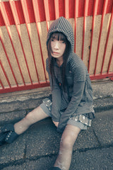 Stripe babydoll hoodie zip-up (Charcoal)