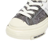 Gray Distressed Frayed Canvas Platform Sneakers, Unisex Low Top Lace-Up Retro Casual Shoes