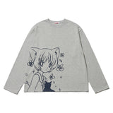キャットガール & フラワー長袖Tシャツ - グレー