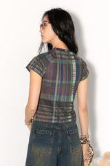 Breathable short-sleeved T-shirt with milk silk checkered patchwork design
