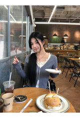 レースシャーリングツーピース長袖ブラウスTシャツ