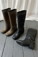 HARNESS STUDDED BUCKLE MID-CALF BOOTS (2COLORS!)