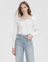 Elowen Open Collar Wide Cuff Long Sleeve Shirt White