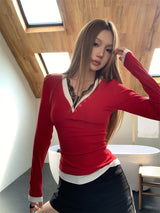レースレイヤード長袖VネックTシャツ