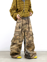 RELABEL Digital-Printed Leopard-Print Camouflage High-Waisted/Low-Waisted Frayed-Edge Patchwork A-Line Studded Workwear Trousers