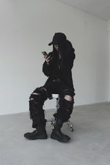 [unisex]レーザーダメージワイドデニム