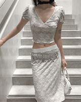 French Garden Lace Deep V-neck Puff Sleeve TOP & MIDI SKIRT SET 