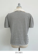 ヘデンオープン襟付きボーダーパフ半袖Tシャツ