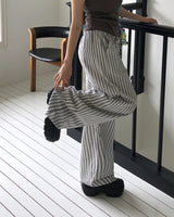Satin Linen Stripe Wide Banding Long Pants