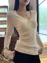 New wear レース Vネック ニット 長袖 Tシャツ