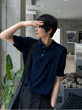Three-Button Collar Short Sleeve Knit
