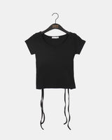 Desa Back Slit Ribbon V-Neck Short Sleeve T-Shirt