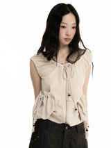 CONFUN sleeveless drawstring beaded linen design short pullover hoodie