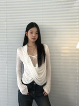 White Smudge Lace Shirring Long Sleeve T-shirt