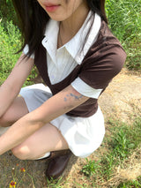 Cafe レイヤードピンタックシャツ ブラウン 半袖Tシャツ (Brown)