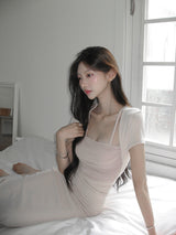 Elia Shirred Sheer Short-Sleeve Maxi Dress