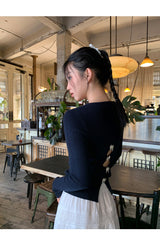 バックホワイトボウロングスリーブニットTシャツ