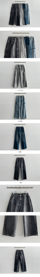 【ショート・ベーシック/S-3XL】クロップドバンドウエストワイドカーゴデニムパンツ