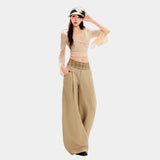 Khaki Check Wide-Leg Elastic Waist Trousers