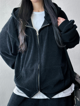 Wide Balloon Set-Up Shiny Velvet Big Hood Zip-Up Hoodie 🖤🐣 3 COLOR