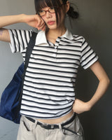 ナマ ストライプ ポロカラー 半袖Tシャツ