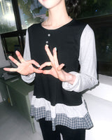 (2color) Check Frill Layered Roll-Up Long Sleeve Tee