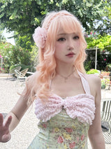ROSE ISLAND Matcha Peach Dew Bowknot Halter Neck Light Pink Contrast Mint Green Old-fashioned Floral Dress