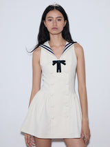 rirri 2025 Spring-Summer Sailor Collar Slim-Fit Bow Waist Dress