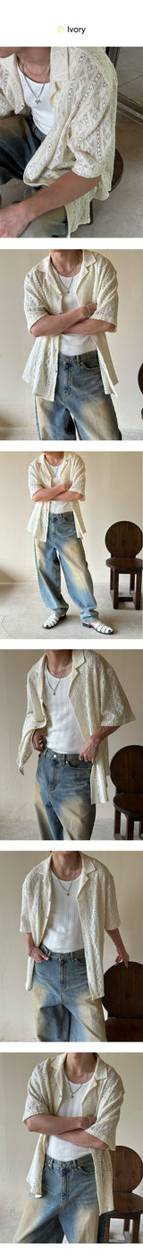 [UNISEX] ファブリックシースルーオープンカラシャツ (2color)