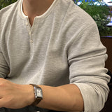 Look Rogane Color-Block Layered Henley Neck Waffle Long Sleeve T-Shirt