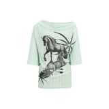 2025 Spring/Summer New Printed Mint Green Swing Neck Loose Top