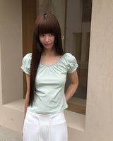 [ORIGINAL] Mori V-Neck Shirring Puff-Sleeve T-Shirt