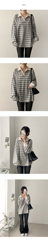 Color matching open collar stripe loose fit rugby long sleeve tee 