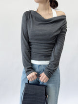 Getz Halterneck Shirred Drape Contrast Long Sleeve T-shirt