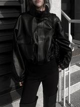 high neck cropped leather jacket