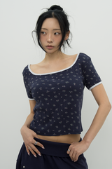 FLORAL BACK SLIT TEE _ NAVY