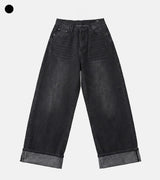 Cuffed cat washing denim pants