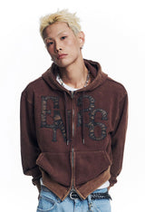 Washed Leather Patch Hooded Zip-Up - Brown