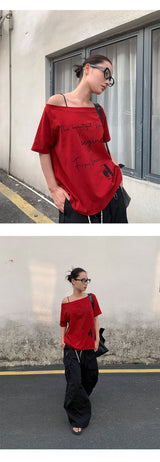 レタリングワンショルダーオフショルダーオーバーフィット半袖Tシャツ