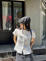 Ripple Mood Stripe Span Shirring Short Sleeve Shirt (3 colors)