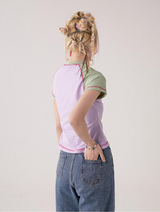 Contrast color printed round neck short sleeve T-shirt