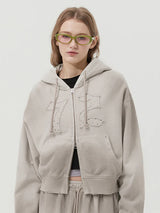 VINTAGE WASHING STUD POINT CROP HOODIE ZIP UP - OAT MEAL
