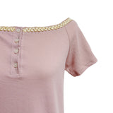(3color) Wave Braided Neck Off-Shoulder Short Sleeve Tee