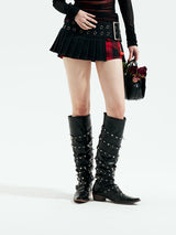 Emoha Black Witch Rock Visual Kei Red and Black Plaid Pleated Skirt