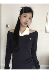 カラードワイドVネック長袖ニットTシャツ